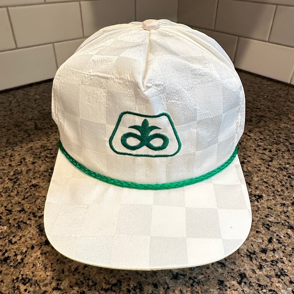 Vtg K-Products Pioneer Seed Logo Trucker Hat White Checkered Green Rope